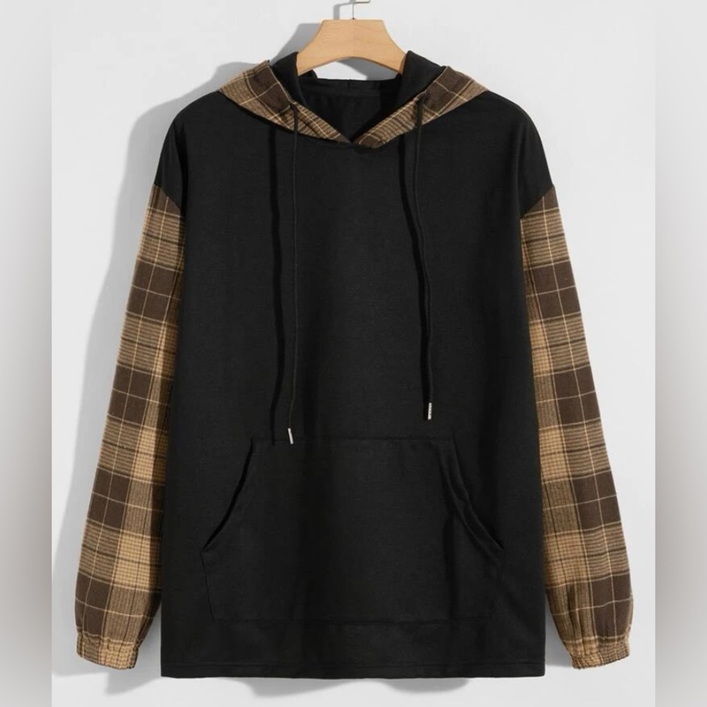 ROMWE ~ Guys Kangaroo Pocket Plaid Drawstring Hoodie